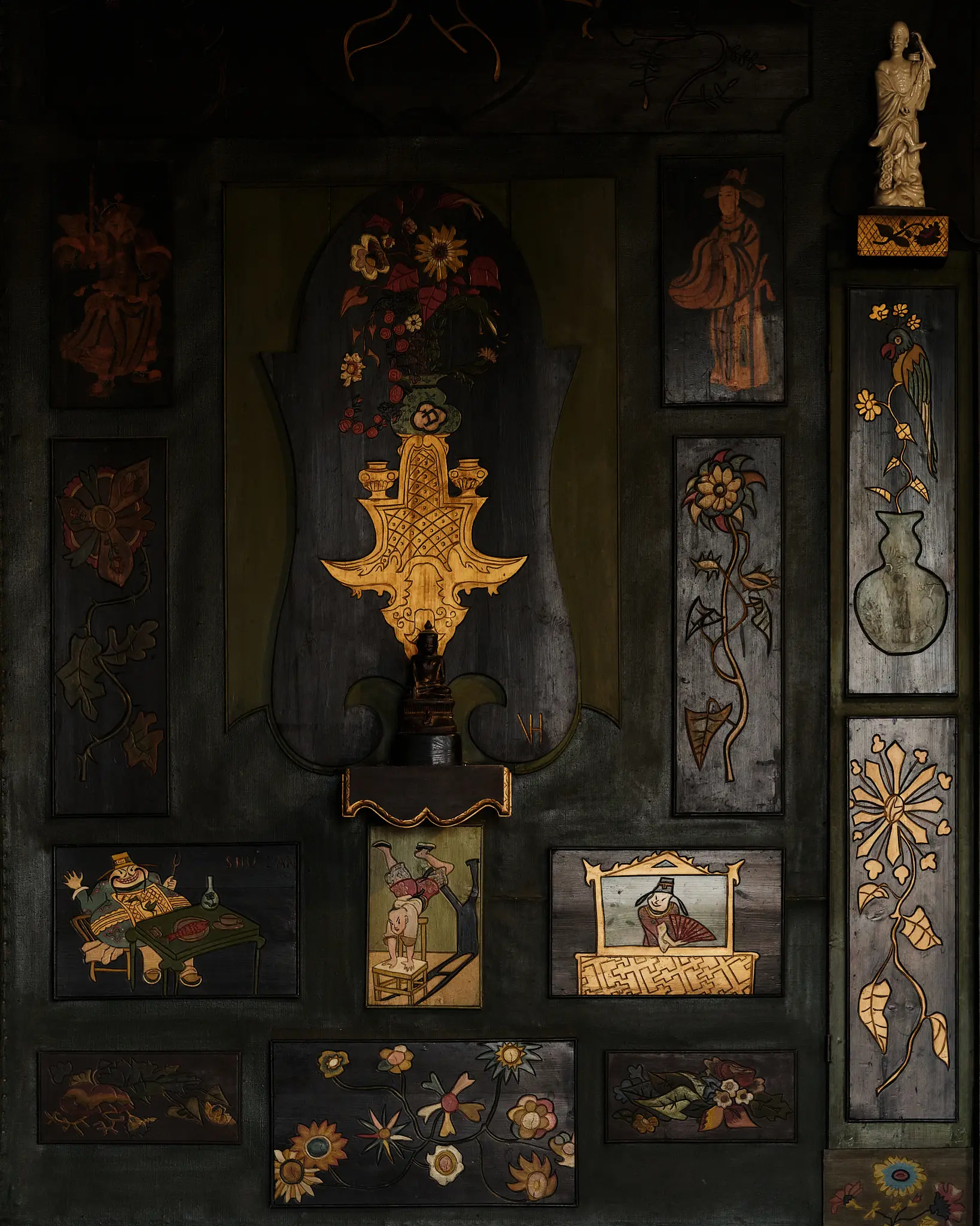 Decorative Panels — Maison de Victor Hugo Interior Ornate painted wall panels with floral motifs, symbolic figures, and gilded decorative elements inside Maison de Victor Hugo, Paris.